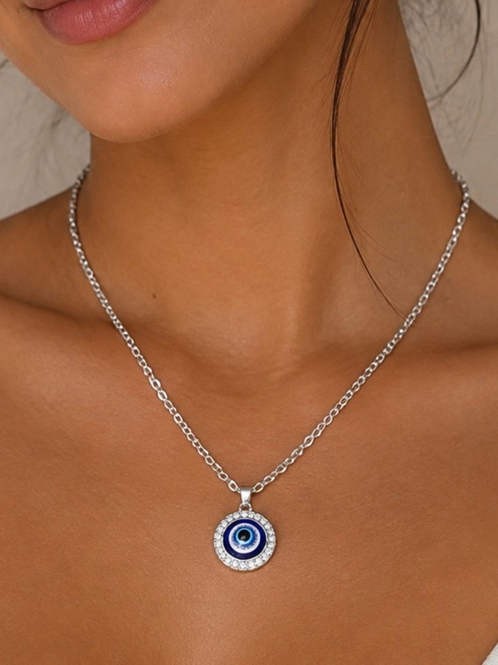 Silver Evil Eye Blue Pendant Crystal Protection Necklace
